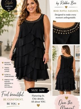 Signature by Robbie Bee Black Tiered Ruffle Beaded Dress – Size 16W